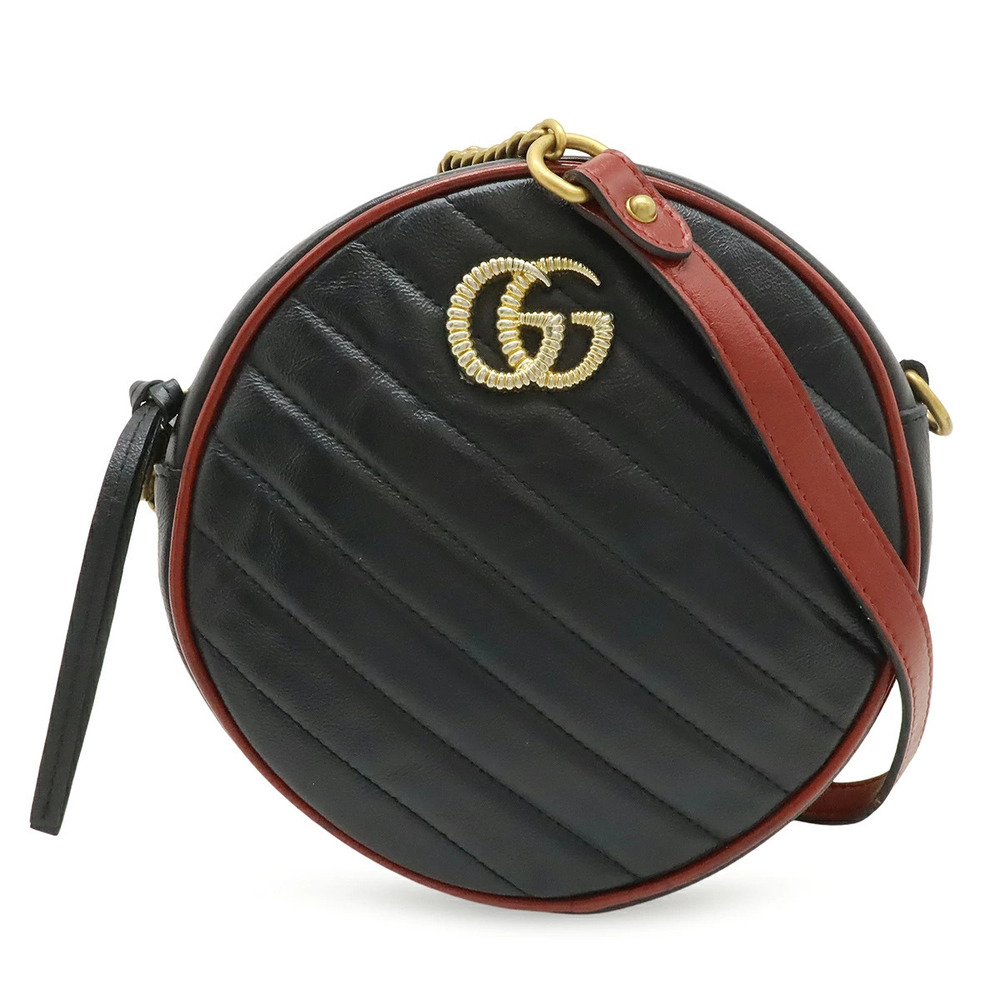 Gucci GG Marmont Round Shoulder Bag Chain Quilted Leather Black Red
